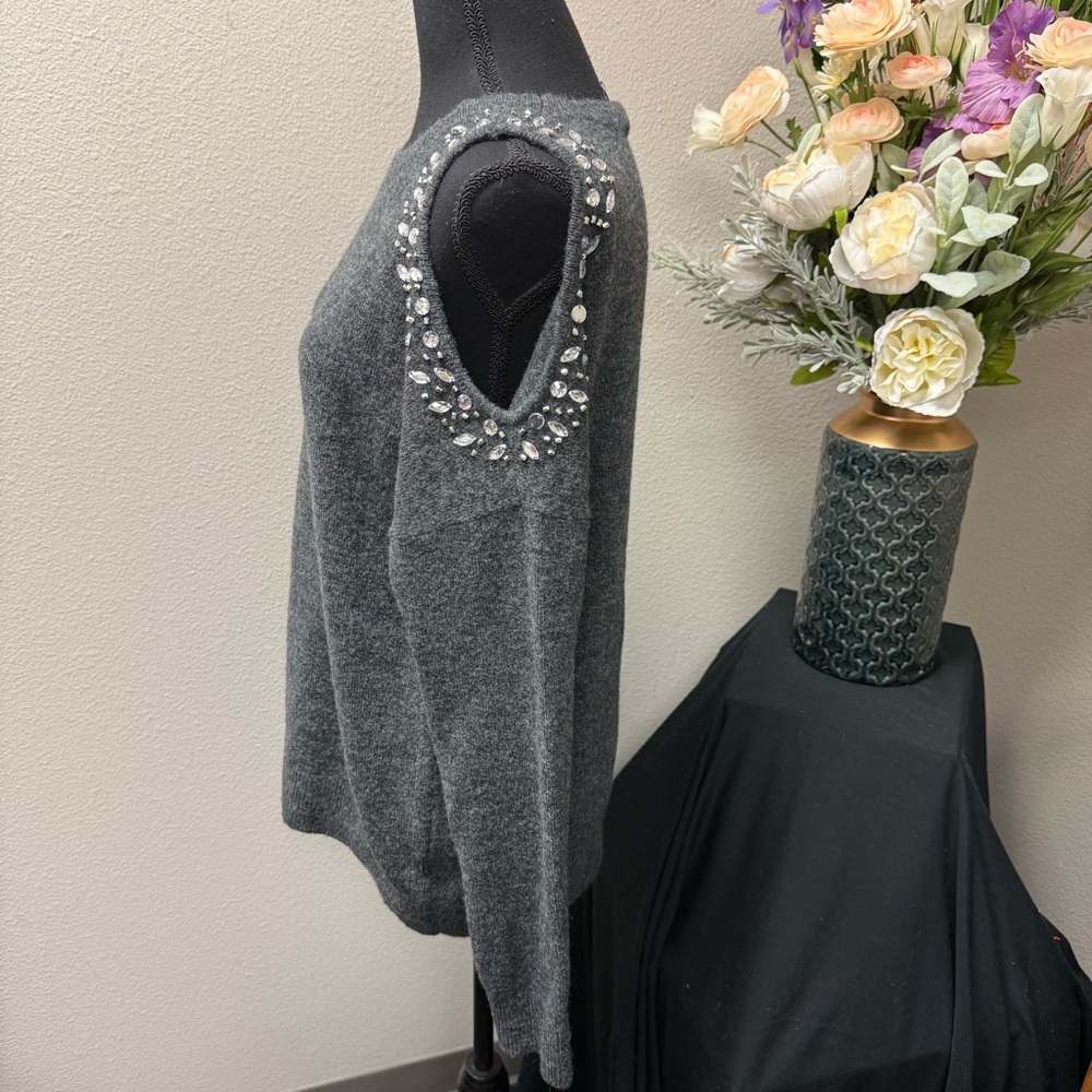 INC Gray Embellished Cutout Shoulder Sweater L Sparkle Detail Winter Chic - Picture 2 of 9